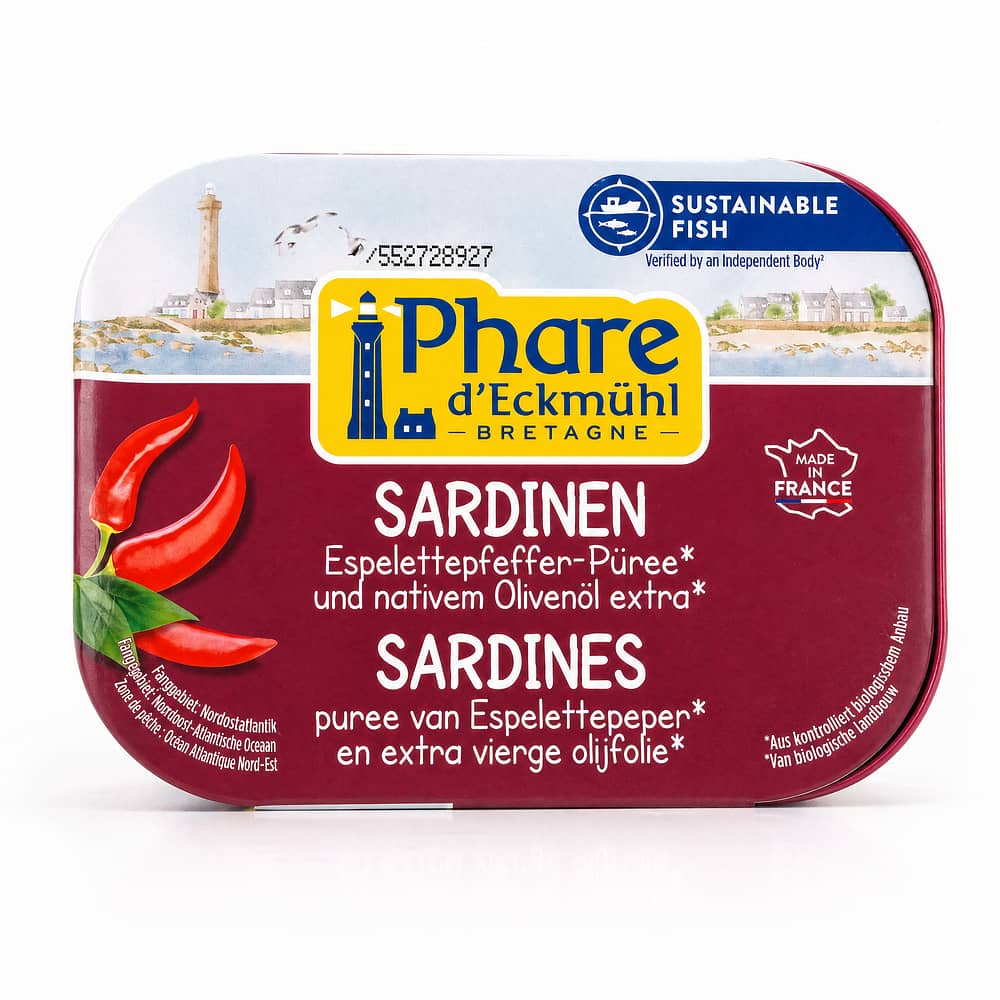 Phare d'Eckmühl Sardinen in Olivenöl* extra mit Espelettepfeffer* 135g 102 Gramm Abtropfgewicht Produktbild