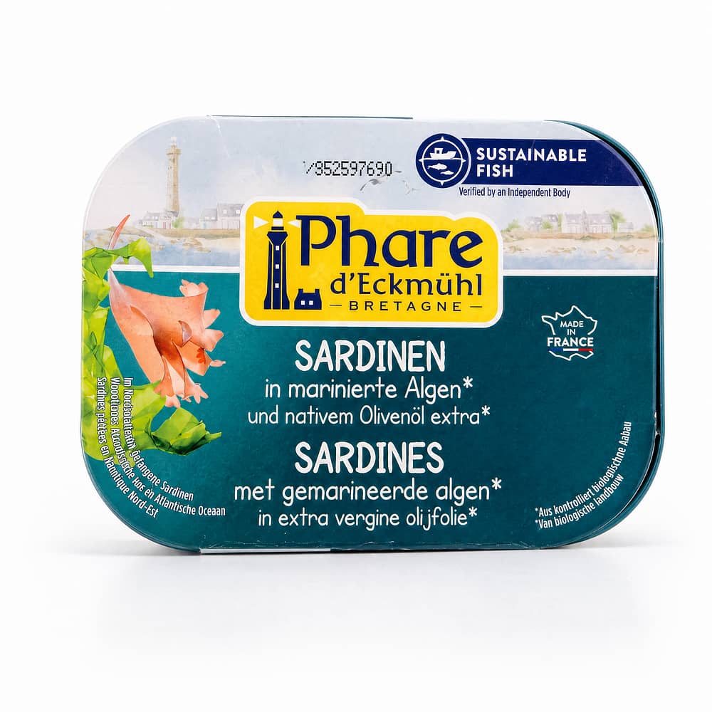 Phare d'Eckmühl Sardinen in Bio-Olivenöl extra & marinierte Algen 135g 102 Gramm Abtropfgewicht Produktbild