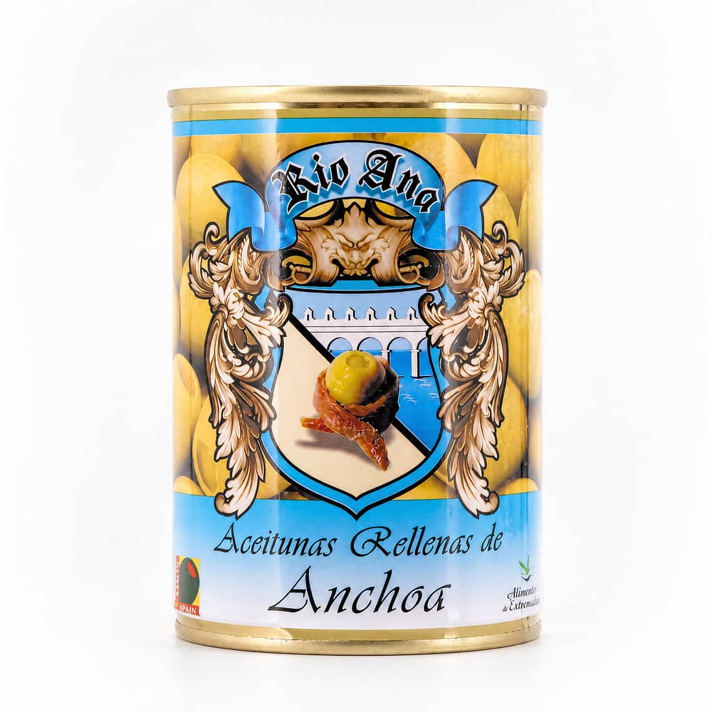 Rio Ana Aceitunas Rellenas de Anchoa Grüne Oliven gefüllt mit Sardellenpaste 292g 120 Gramm Abtropfgewicht Produktbild