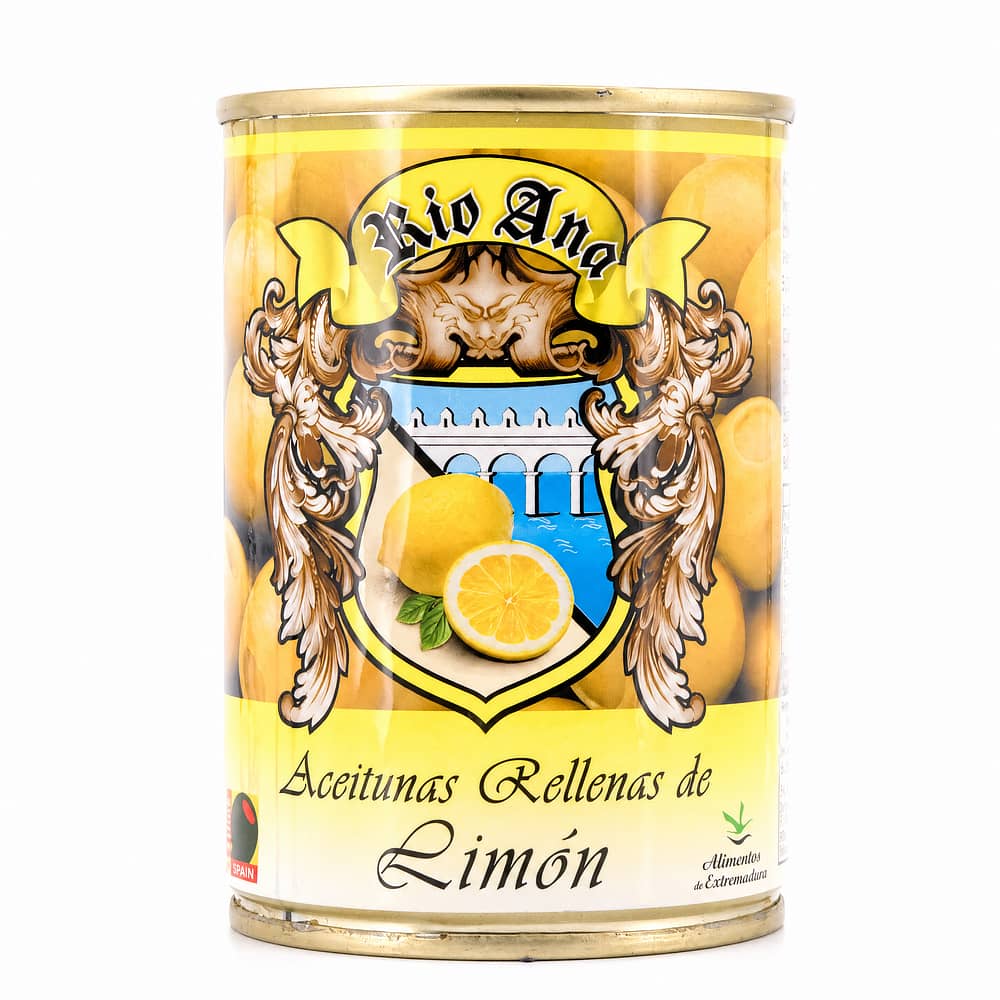 Rio Ana Aceitunas Rellenas de Limón Grüne Oliven gefüllt mit Zitronenpaste 292g 120 Gramm Abtropfgewicht Produktbild