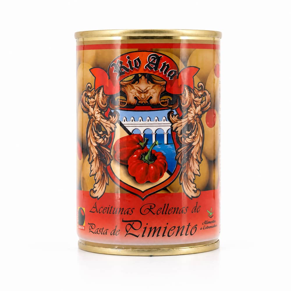 Rio Ana Aceitunas Rellenas de Pasta de Pimiento Grüne Oliven gefüllt mit Paprikapaste 292g 120 Gramm Abtropfgewicht Produktbild