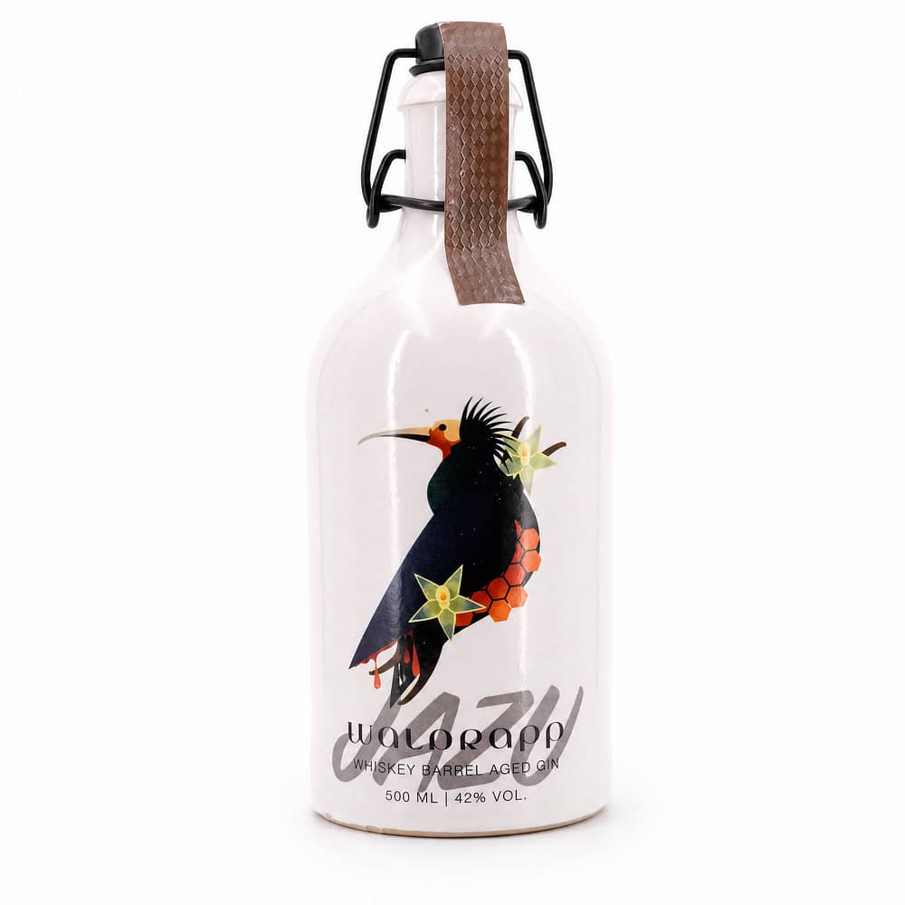 Taube BIO Gin Waldrapp JAZU Whiskey Barrel Aged Steinzeugflasche mit Bügelverschluß 0,50 Liter/ 42.0% vol Produktbild