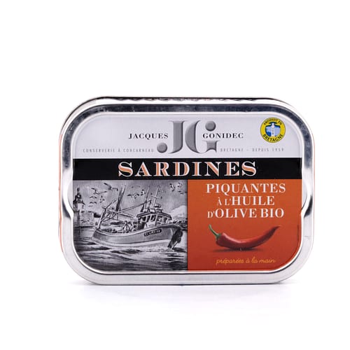 Jacques Gonidec Pikante Sardinen in nativem Bio-Olivenöl 115g 87 Gramm Abtropfgewicht Produktbild