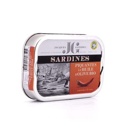 Jacques Gonidec Pikante Sardinen in nativem Bio-Olivenöl 115g 87 Gramm Abtropfgewicht Produktbild