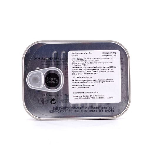 Jacques Gonidec Pikante Sardinen in nativem Bio-Olivenöl 115g 87 Gramm Abtropfgewicht Produktbild