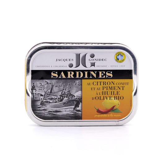 Jacques Gonidec Pikante Sardinen in Olivenöl mit kandierter Bio-Zitrone und -Piment 115g 87 Gramm Abtropfgewicht Produktbild