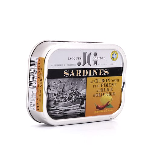Jacques Gonidec Pikante Sardinen in Olivenöl mit kandierter Bio-Zitrone und -Piment 115g 87 Gramm Abtropfgewicht Produktbild