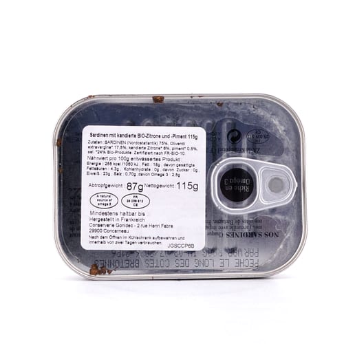 Jacques Gonidec Pikante Sardinen in Olivenöl mit kandierter Bio-Zitrone und -Piment 115g 87 Gramm Abtropfgewicht Produktbild
