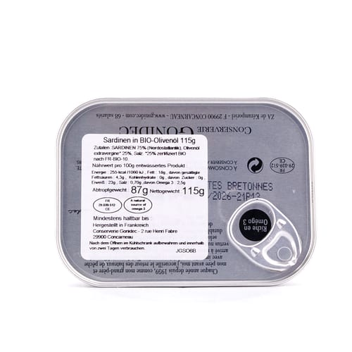 Jacques Gonidec Sardinen in Bio-Olivenöl 115g 87 Gramm Abtropfgewicht Produktbild