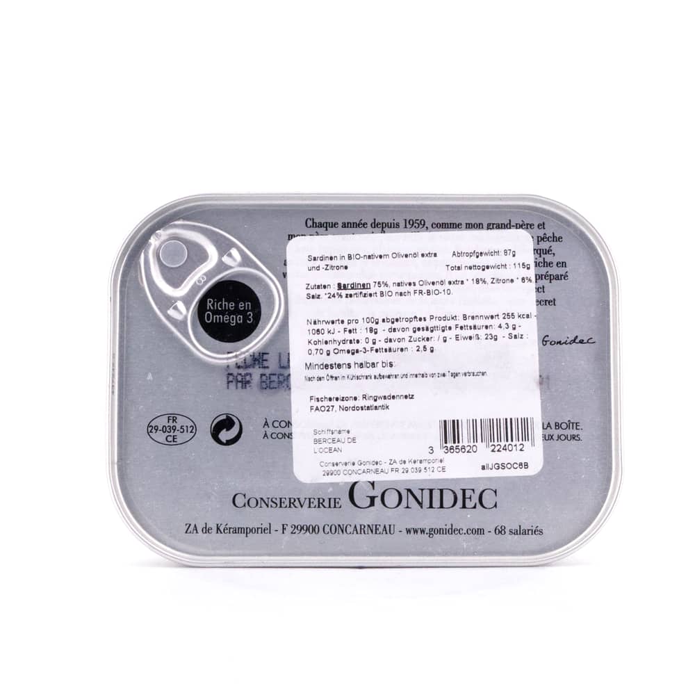 Jacques Gonidec Sardinen in Bio-Olivenöl mit Zitrone 115g 87 Gramm Abtropfgewicht Produktbild