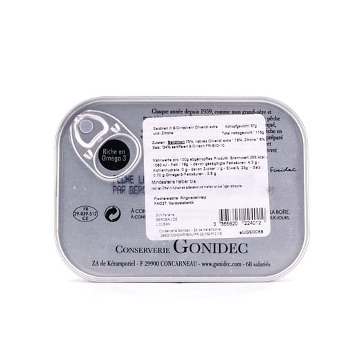 Jacques Gonidec Sardinen in Bio-Olivenöl mit Zitrone 115g 87 Gramm Abtropfgewicht Produktbild