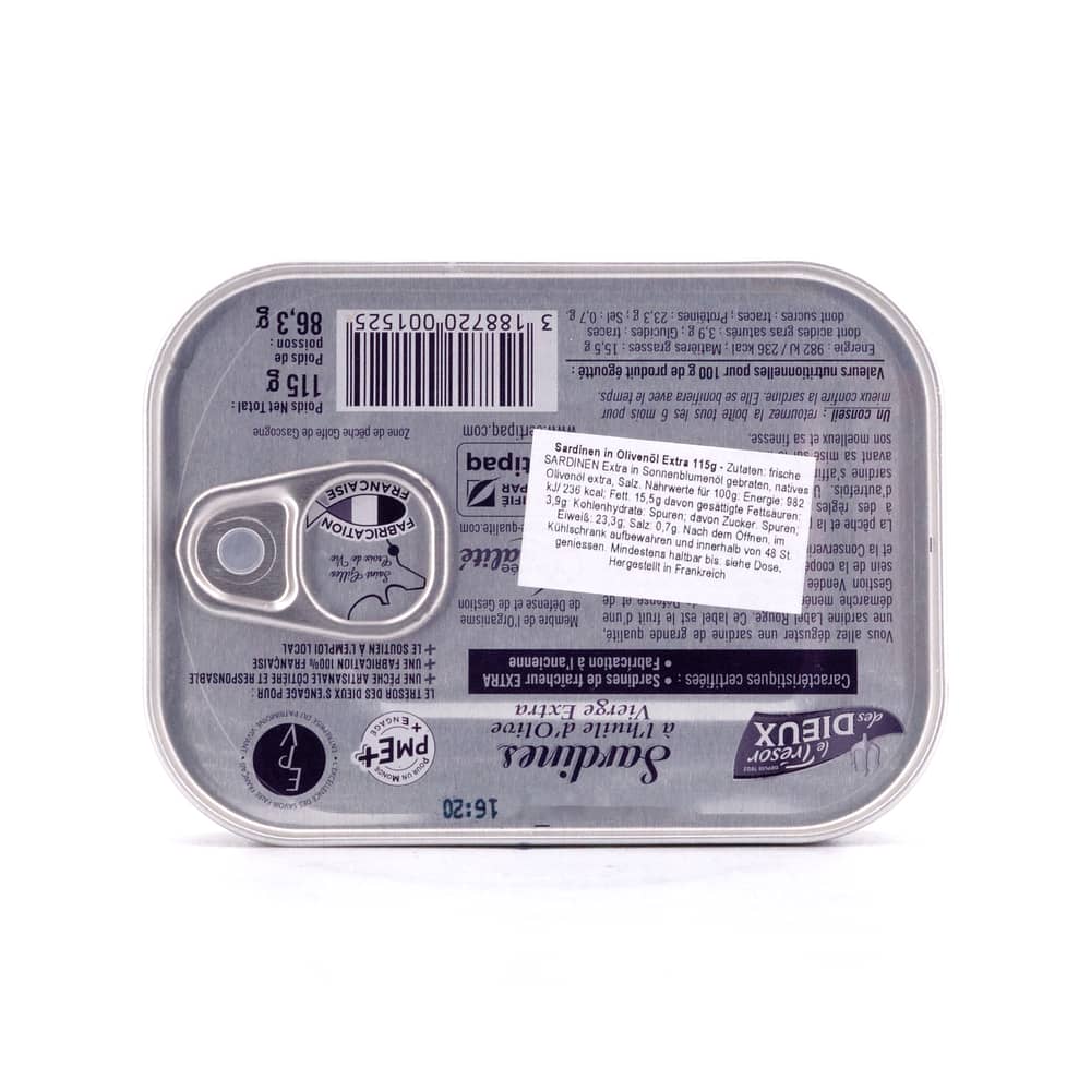 Le Trésor des Dieux Sardinen in Olivenöl Extra Label Rouge 115g 86,30 Gramm Abtropfgewicht Produktbild