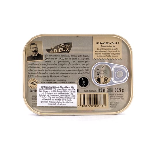 Le Trésor des Dieux Sardinen in Olivenöl ohne Gräten 115g 80,50 Gramm Abtropfgewicht Produktbild