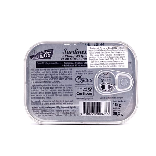 Le Trésor des Dieux Sardinen mit Zitrone in Olivenöl Label Rouge 115g 86,30 Gramm Abtropfgewicht Produktbild