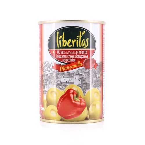 Liberitas Grüne Oliven gefüllt mit rotem Paprika 280g 100 Gramm Abtropfgewicht Produktbild