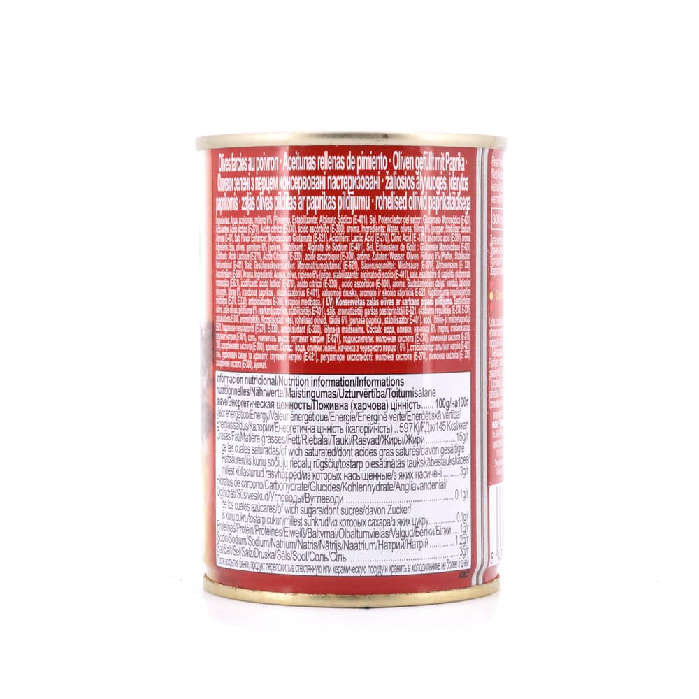 Liberitas Grüne Oliven gefüllt mit rotem Paprika 280g 100 Gramm Abtropfgewicht Produktbild