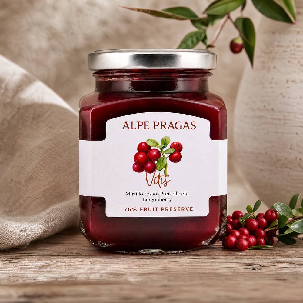 Alpe Pragas Fruchtaufstrich Vitis (Preisselbeere) mit 75% Fruchtanteil 335 Gramm Produktbild