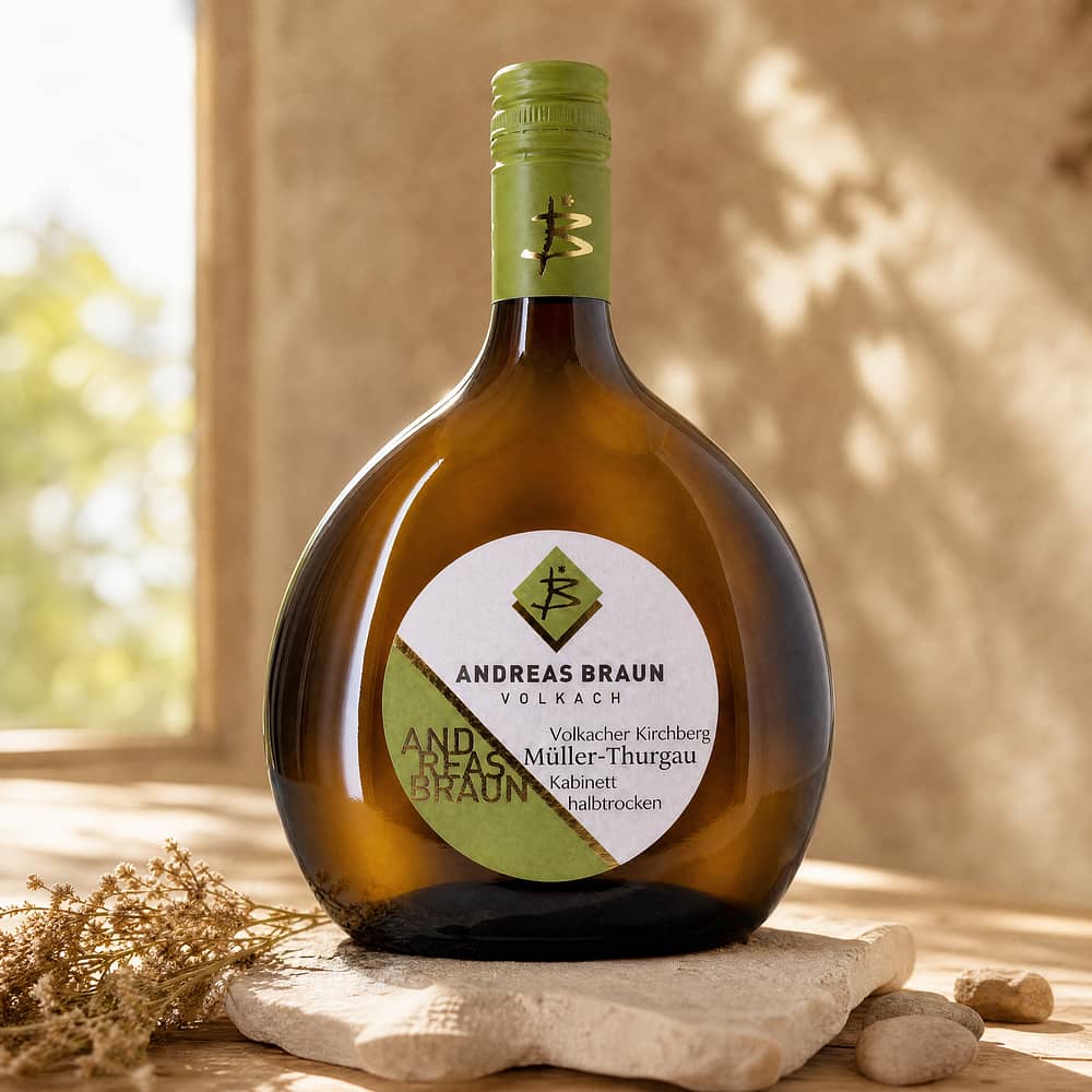 Andreas Braun Volkacher Kirchberg Müller-Thurgau Kabinett Jahrgang 2022 / 2023 halbtrocken 0,750 Liter/ 11.0% vol Produktbild