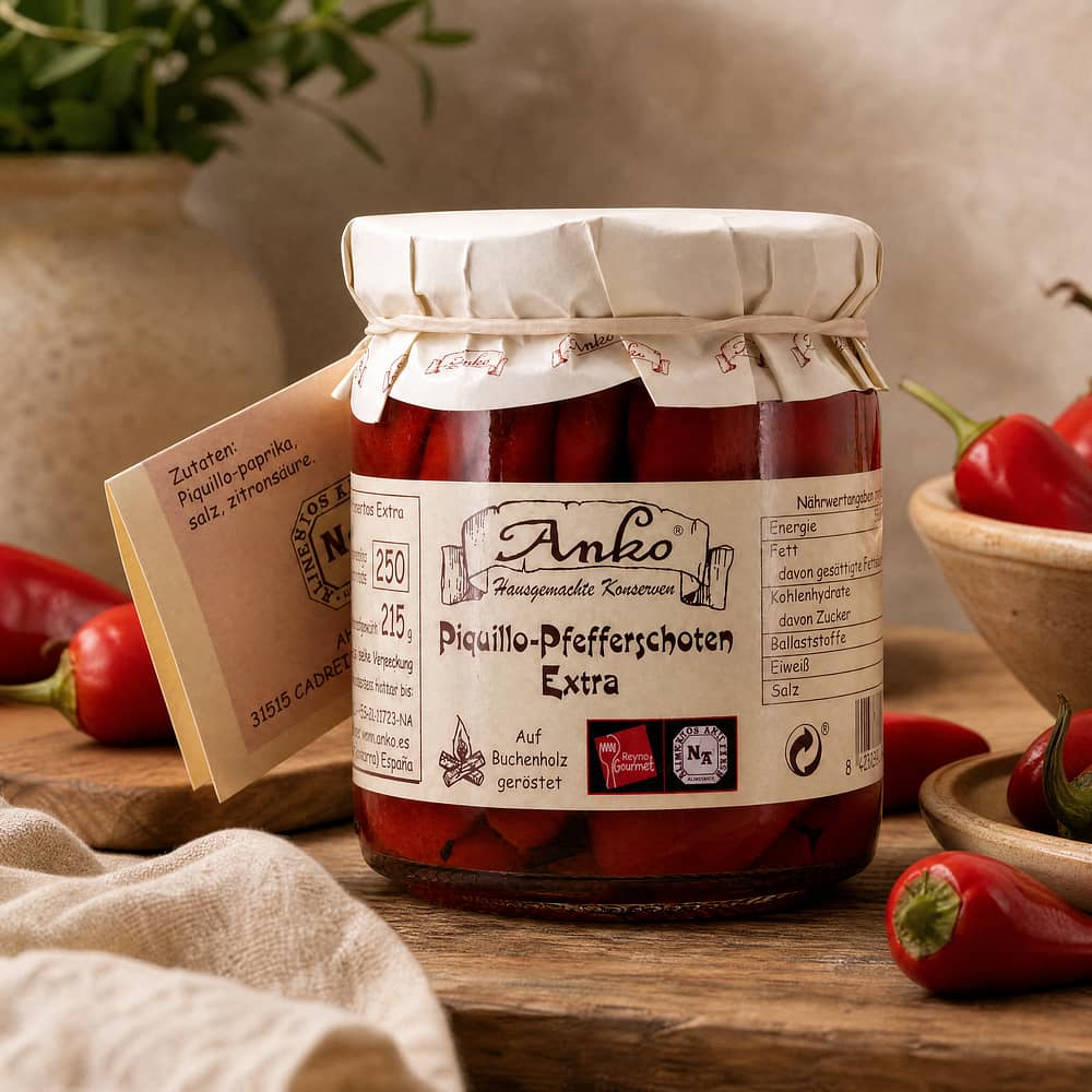Anko Pimiento del Piquillo Extra geröstete Pfefferschoten 215 Gramm Abtropfgewicht Produktbild