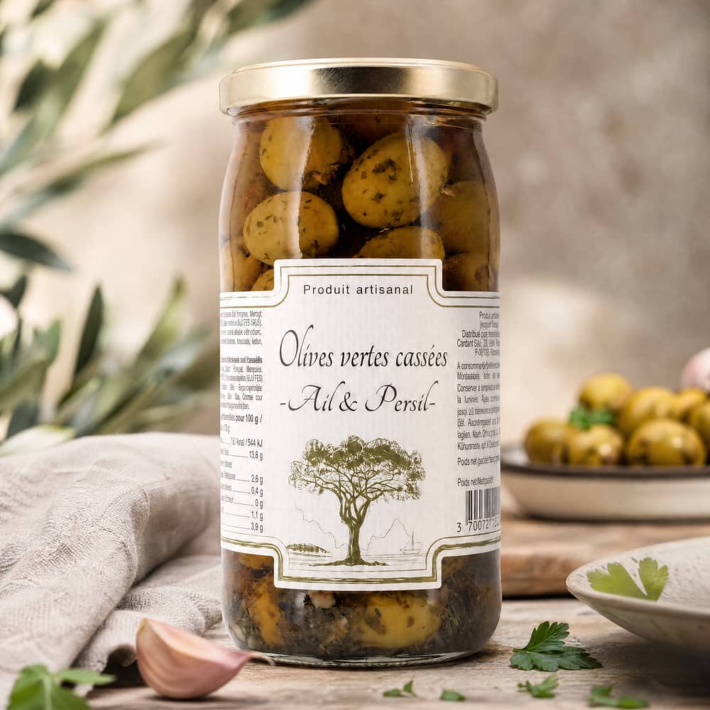 Beauharnais-CARLANT Olives vertes cassées -Ail & Persil- Zerbrochene grüne Oliven mit Knoblauch und Petersilie 350g 200 Gramm Abtropfgewicht Produktbild