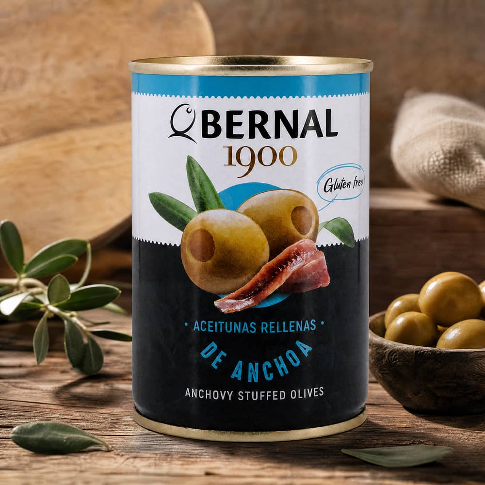 Bernal Grüne Oliven gefüllt mit Anchovispaste 292g Dose 120 Gramm Abtropfgewicht Produktbild