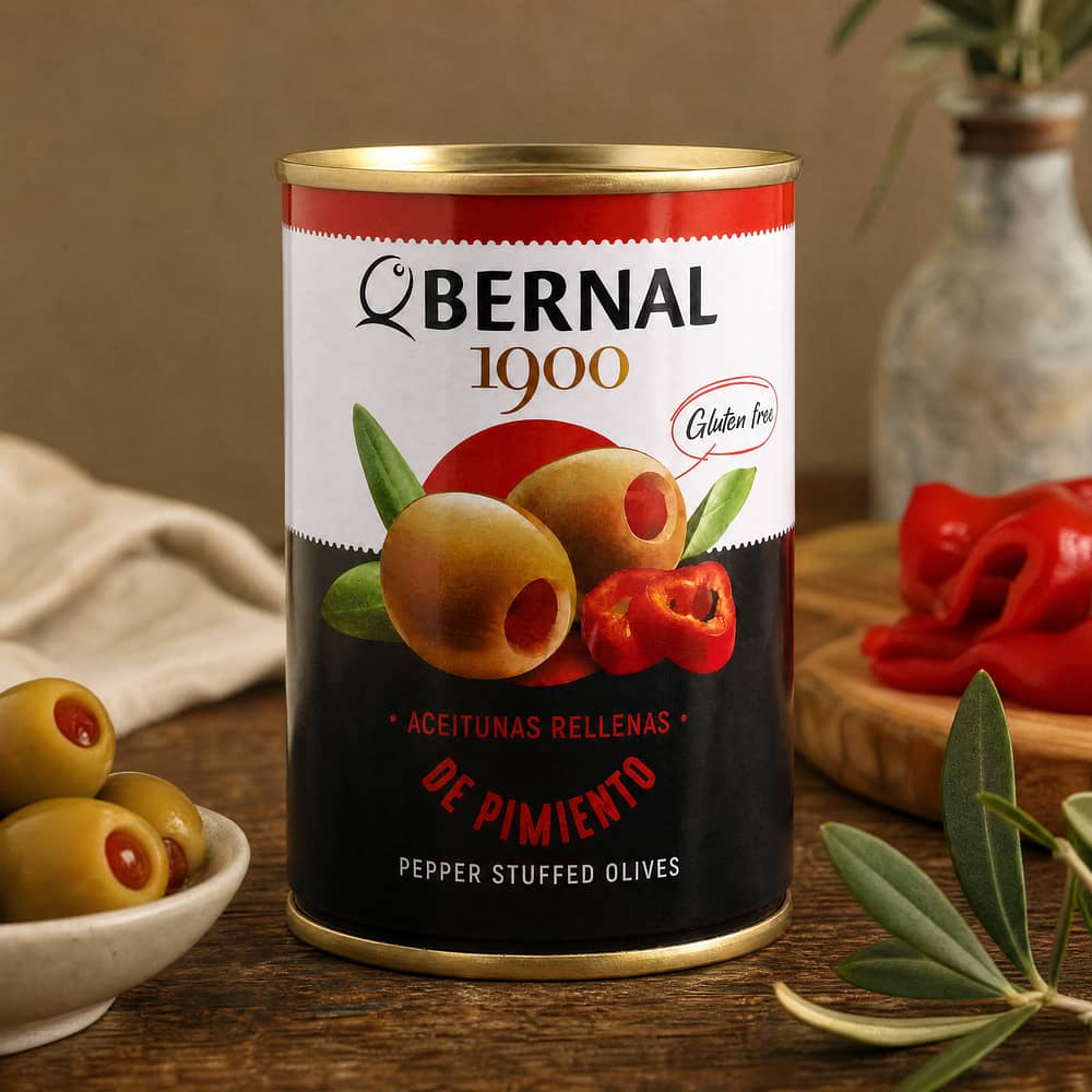 Bernal Grüne Oliven gefüllt mit Pfefferpaste 292g Dose 120 Gramm Abtropfgewicht Produktbild