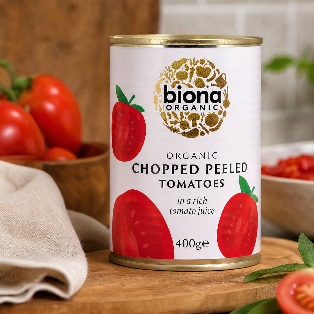 Biona Organic Chopped Peeled Tomatoes Gehackte, geschälte Tomaten in reichhaltigen Tomatensaft 400 Gramm Produktbild