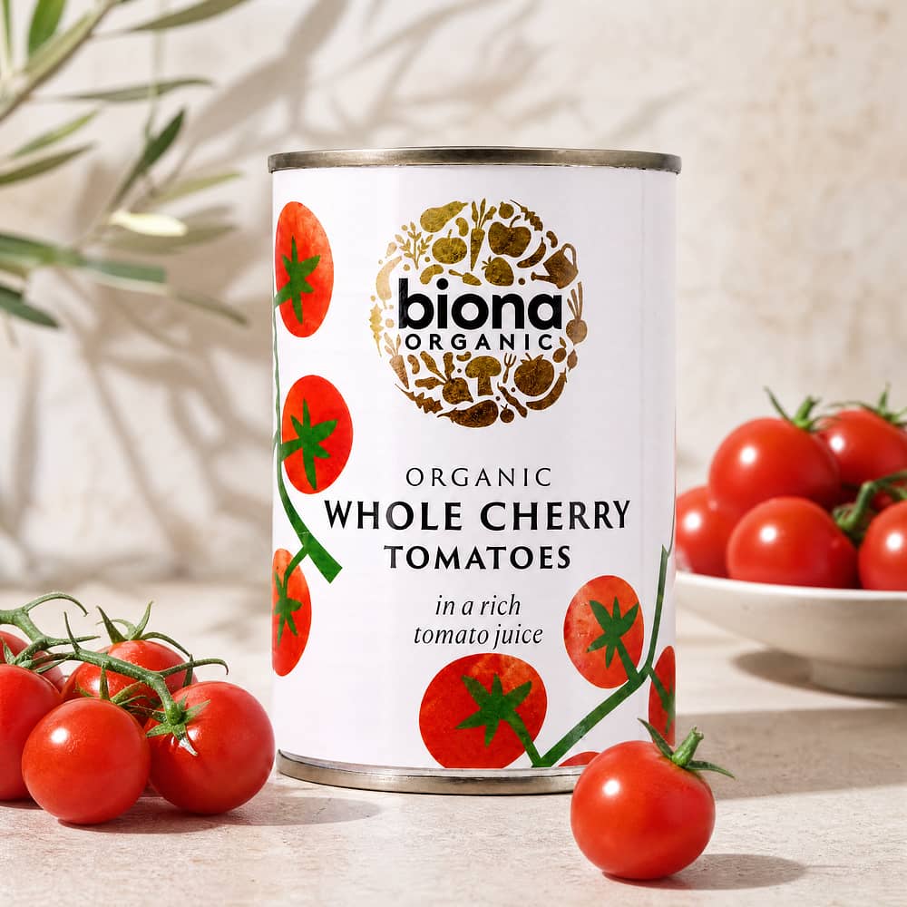 Biona Organic Whole Cherry Tomatoes Kirschtomaten im Ganzen in reichhaltigen Tomatensaft 400 Gramm Produktbild