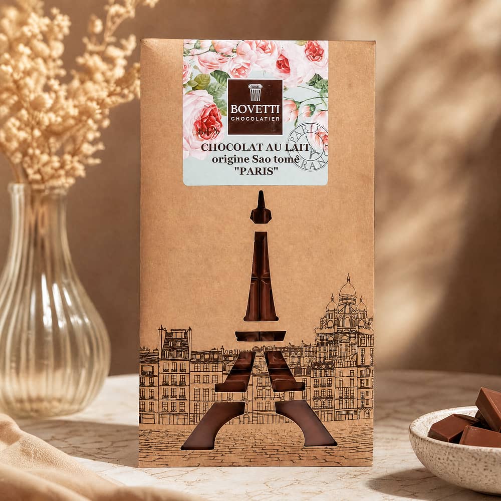 BOVETTI Chocolat au Lait origine Sao tome "Paris" Milchschokolade 100 Gramm Produktbild