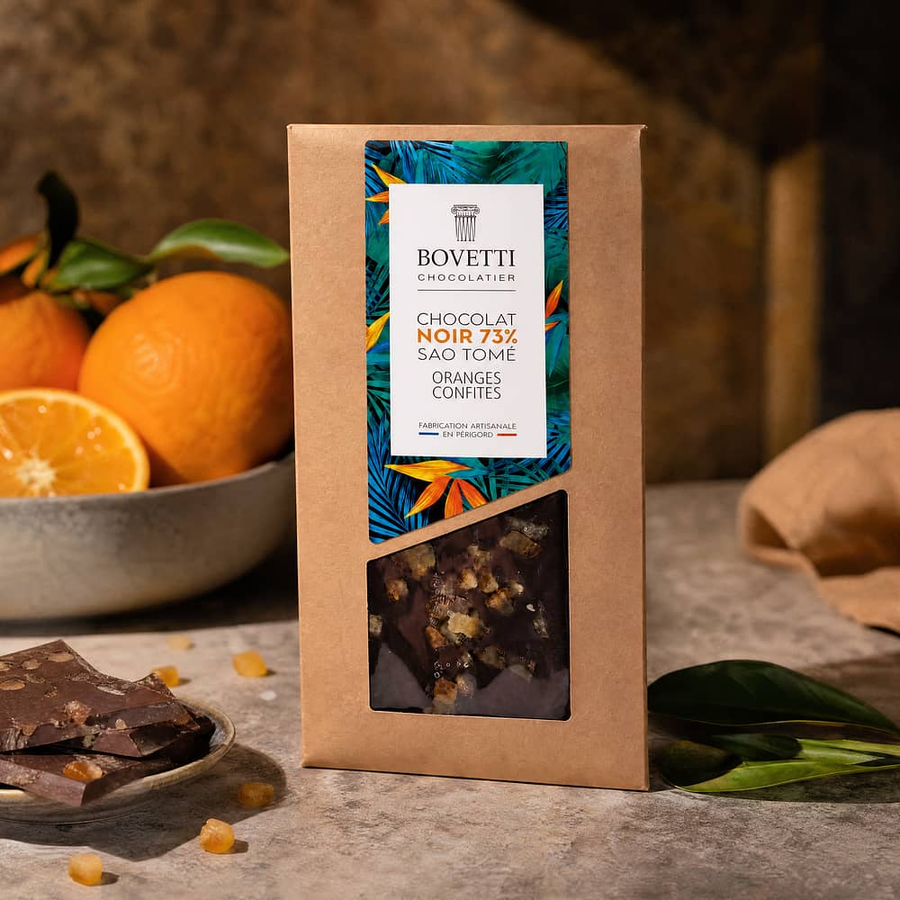 BOVETTI Chocolat Sao Tomé 73% Oranges Confites Zartbitterschokolade mit kandierten Orangen 100 Gramm Produktbild