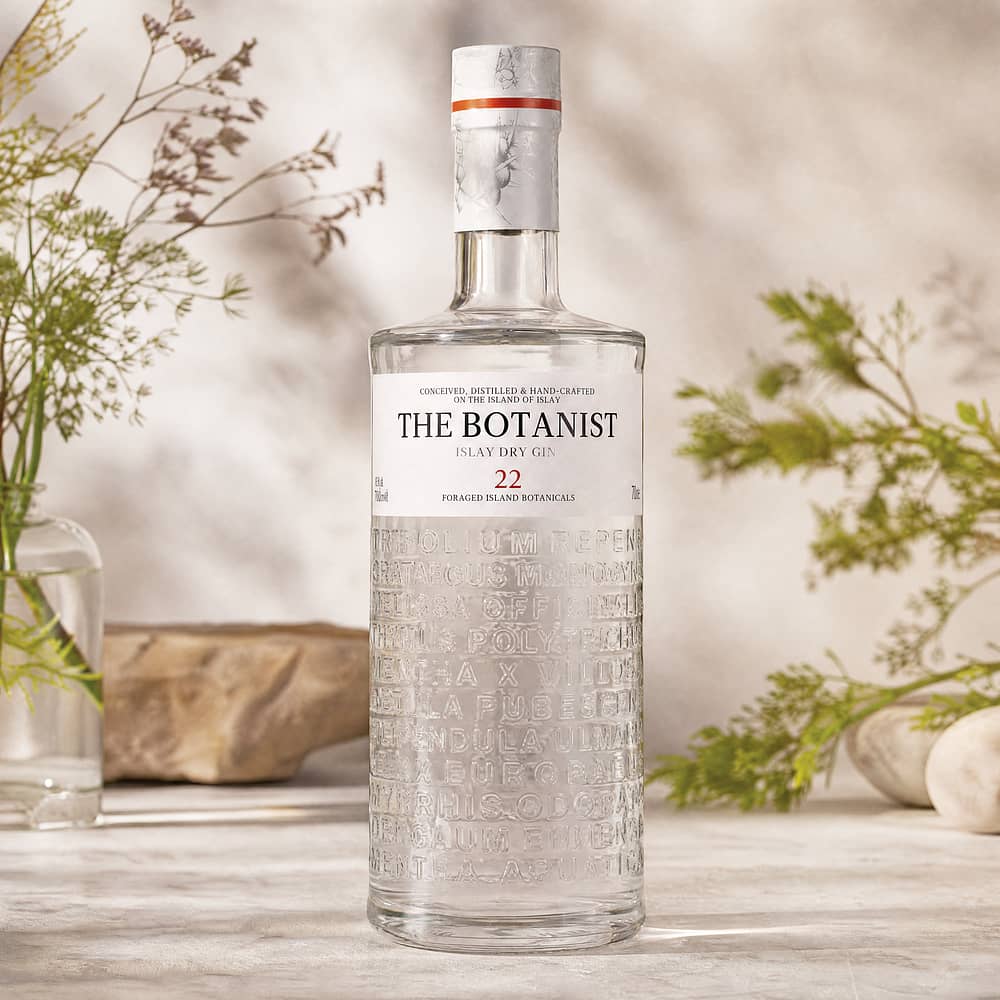 Bruichladdich The Botanist 22 enthaltene Botanicals in Relief-Schrift auf der Flasche 0,70 Liter/ 46.0% vol Produktbild