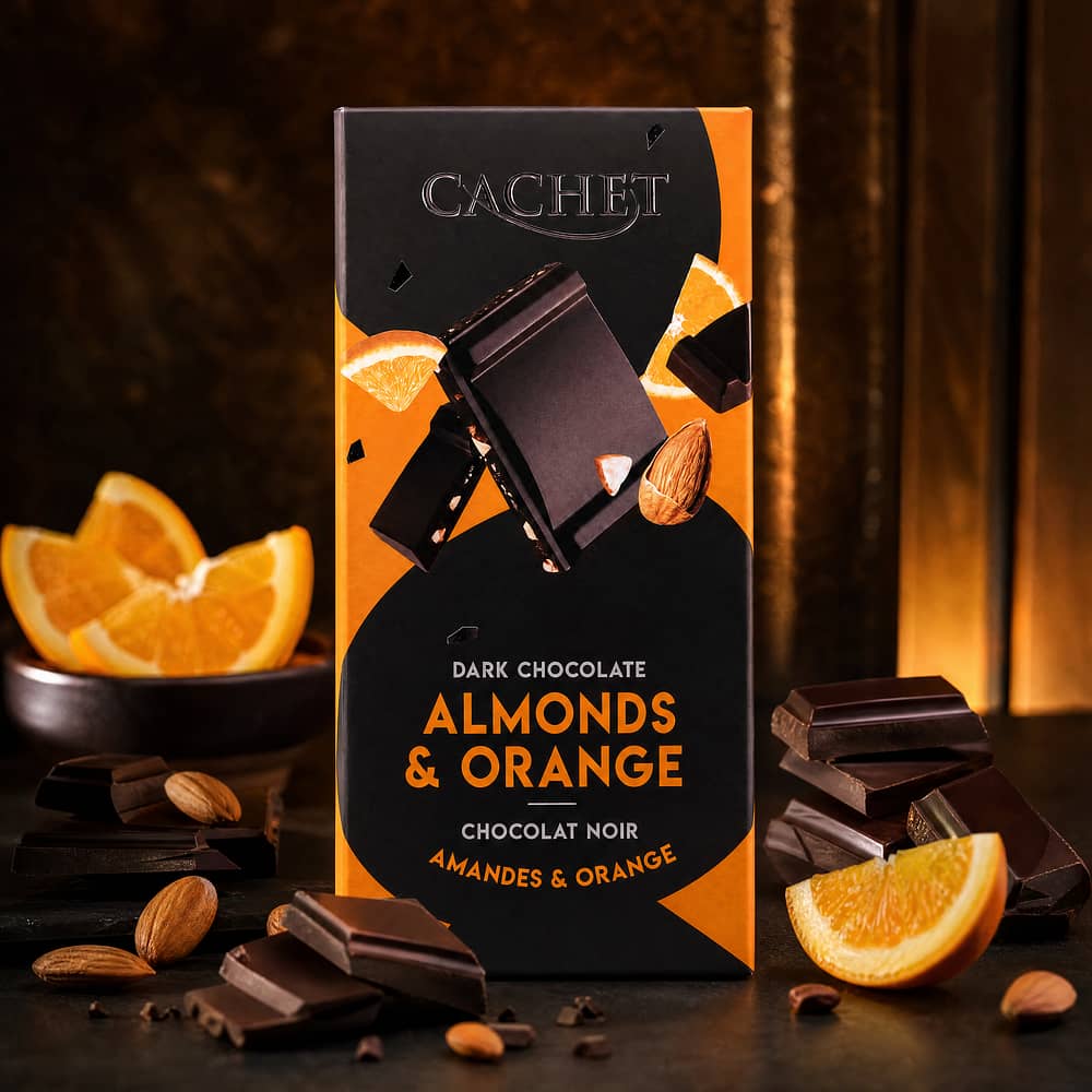 Cachet Dark Chocolate Almonds & Orange Zartbitterschokolade mit Mandelstücke und kandierten Orangenzesten 100 Gramm Produktbild