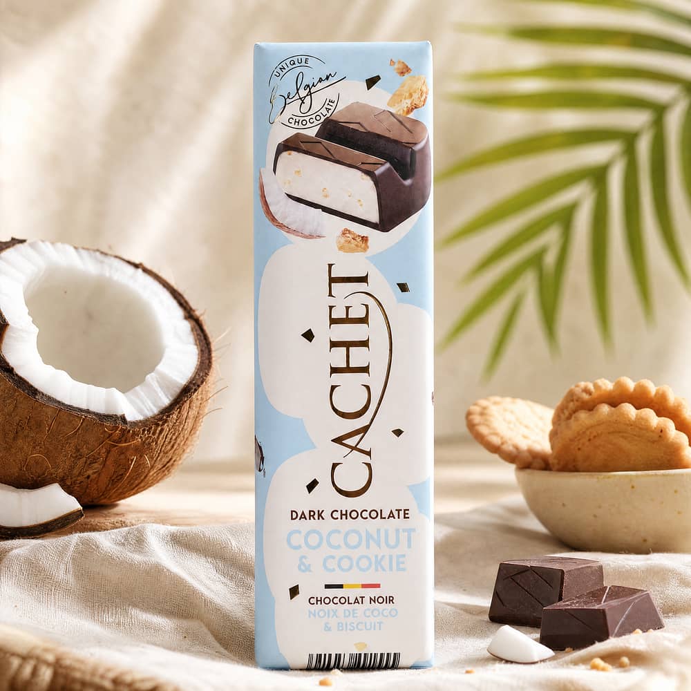 Cachet Dark Chocolate Coconut & Cookie Riegel Zartbitterschokolade gefüllt mit Kokosnuss und Butterkekse 45 Gramm Produktbild