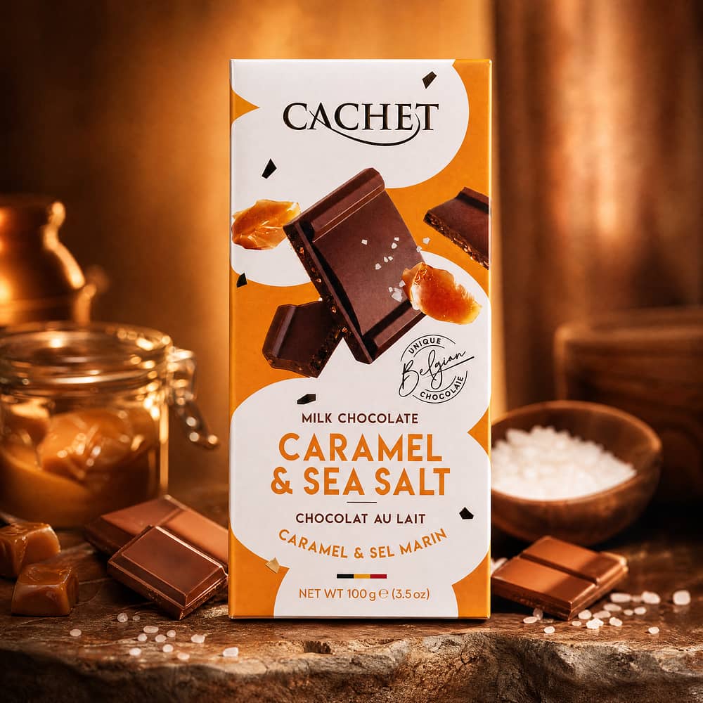 Cachet Milk Chocolate Caramel & Sea Salt Vollmilchschokolade mit Karamellstücke und Meersalz 100 Gramm Produktbild