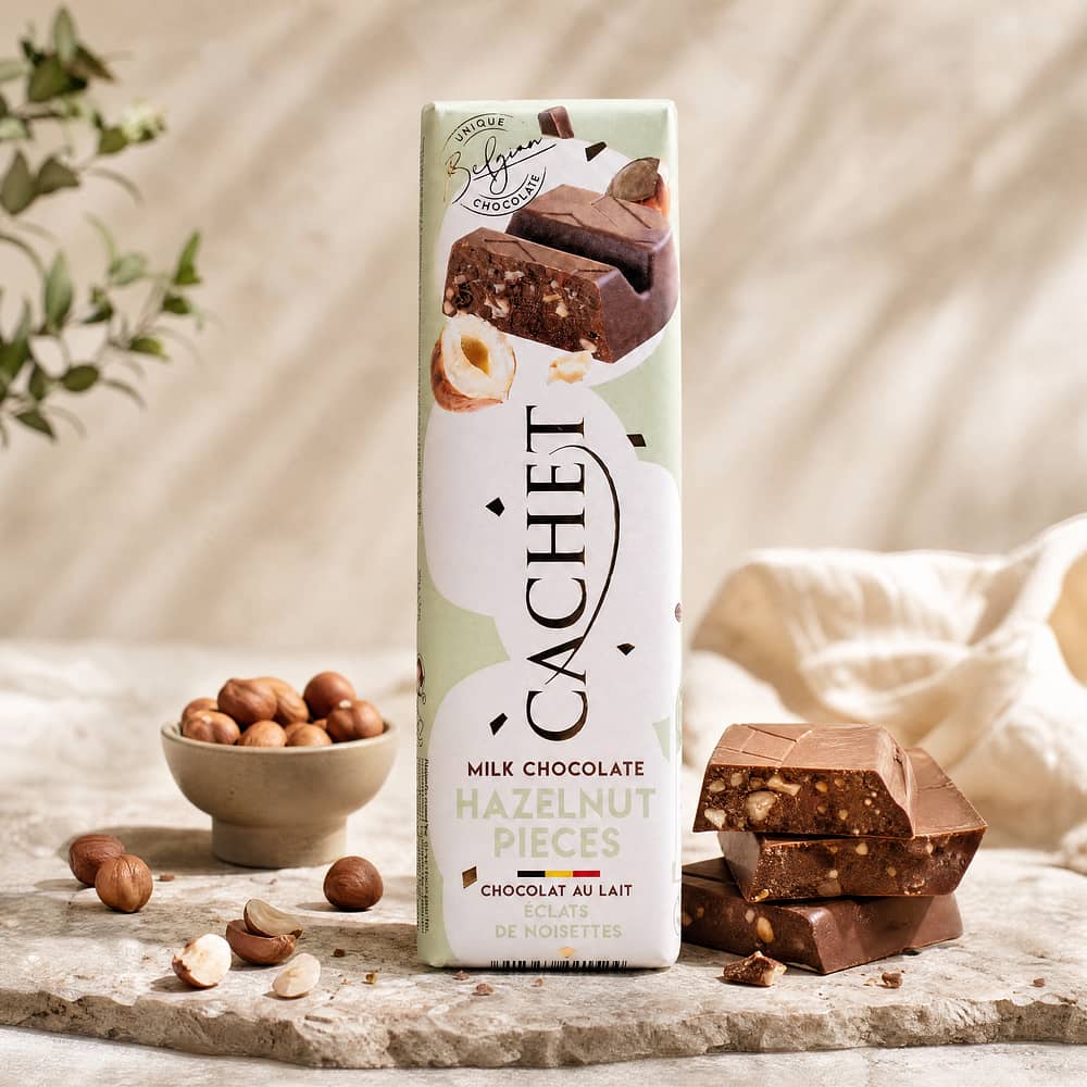 Cachet Milk Chocolate Hazelnut Pieces Riegel Vollmilchschokolade mit Haselnussstücke 50 Gramm Produktbild