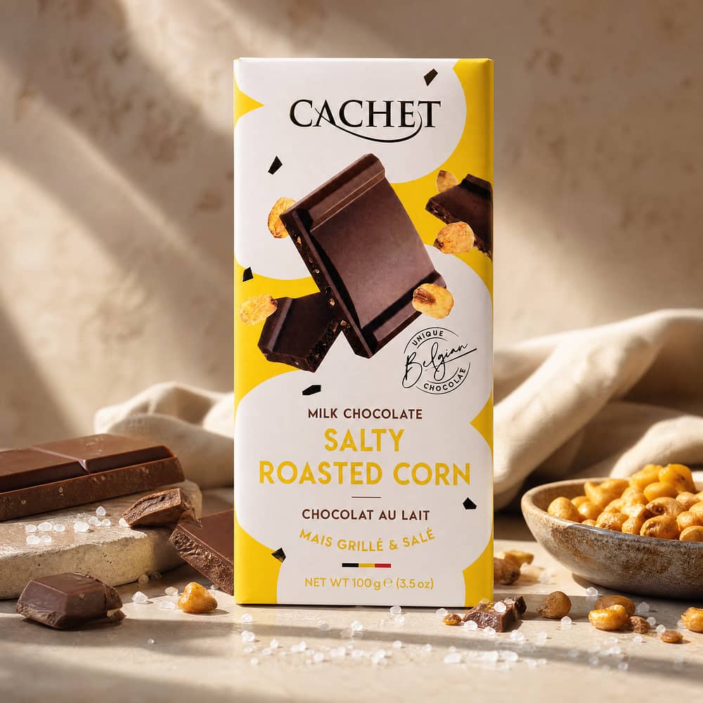 Cachet Milk Chocolate Salty Roasted Corn Vollmilchschokolade mit gerösteter Maisstücke und Meersalz 100 Gramm Produktbild
