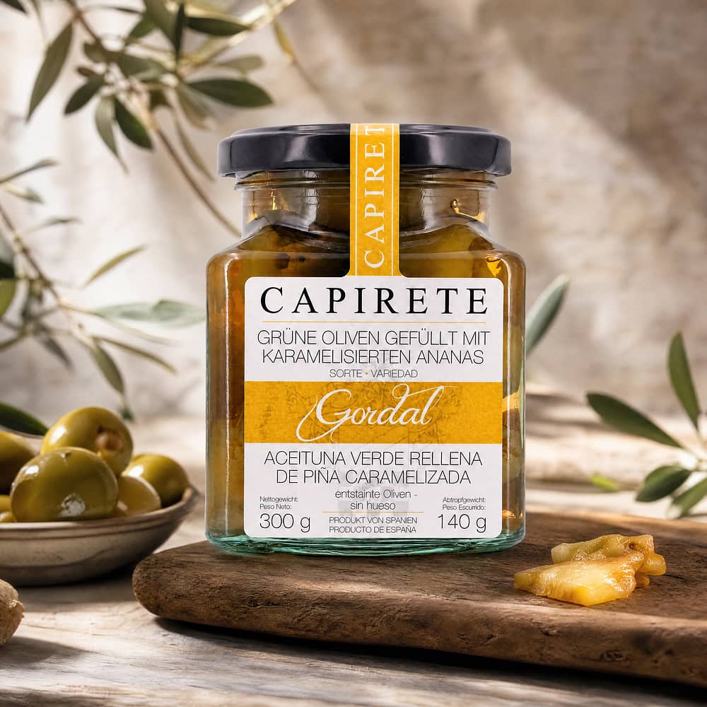 Capirete Gordal grüne Oliven gefüllt mit karamellisierten Ananas 300g 140 Gramm Abtropfgewicht Produktbild