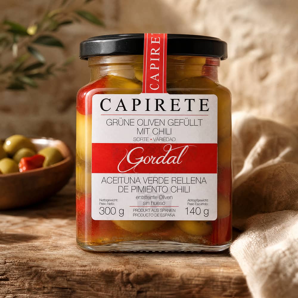 Capirete Gordal grüne Oliven mit Chili 300g 140 Gramm Abtropfgewicht Produktbild