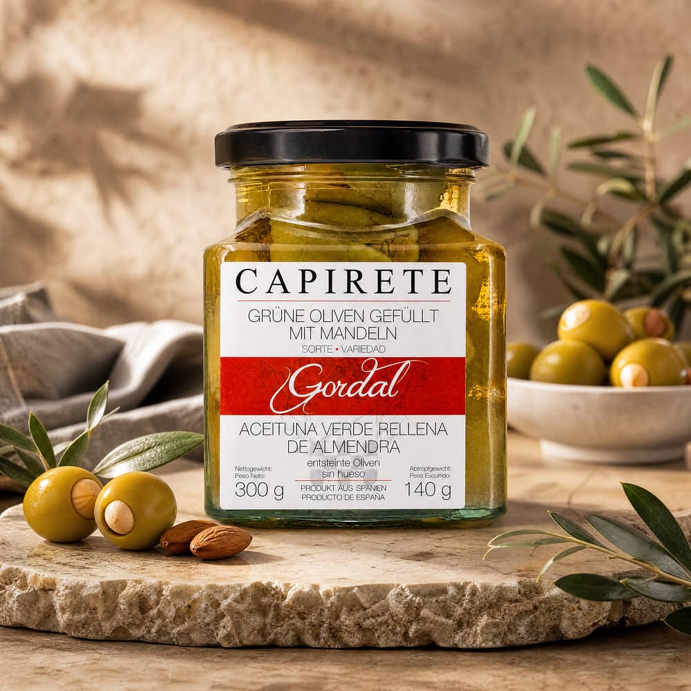 Capirete Gordal grüne Oliven mit Mandeln 300g 140 Gramm Abtropfgewicht Produktbild