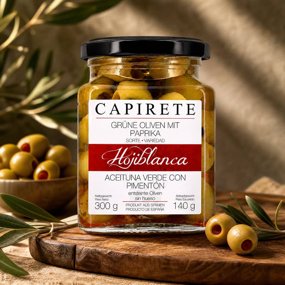 Capirete Hojiblanca grüne Oliven mit Paprika 300g 140 Gramm Abtropfgewicht Produktbild