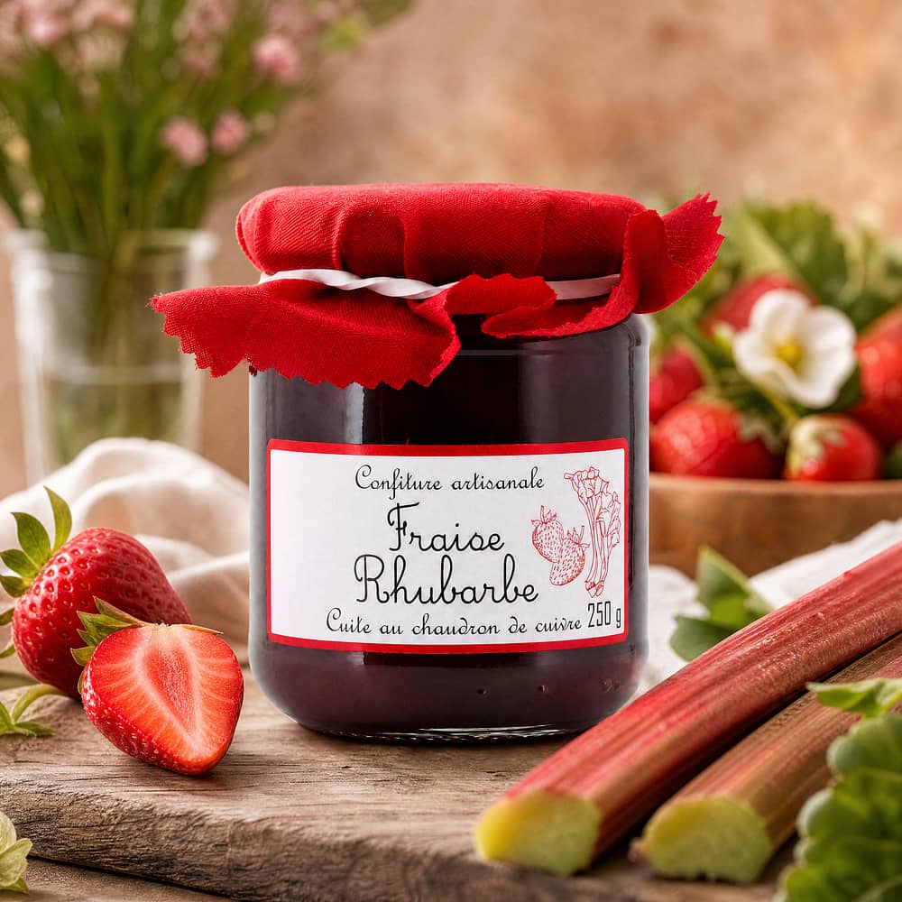 Confiture artisanale Fraise Rhubarbe Erdbeer-Rhabarber Konfitüre 250 Gramm Produktbild