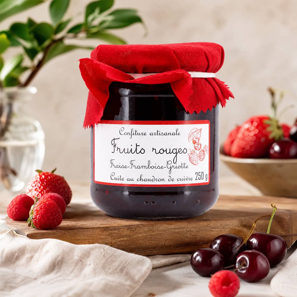Confiture artisanale Frits rouges 3 rote Früchte: Erdbeer-Himbeer- & Sauerkirsch Konfitüre 250 Gramm Produktbild