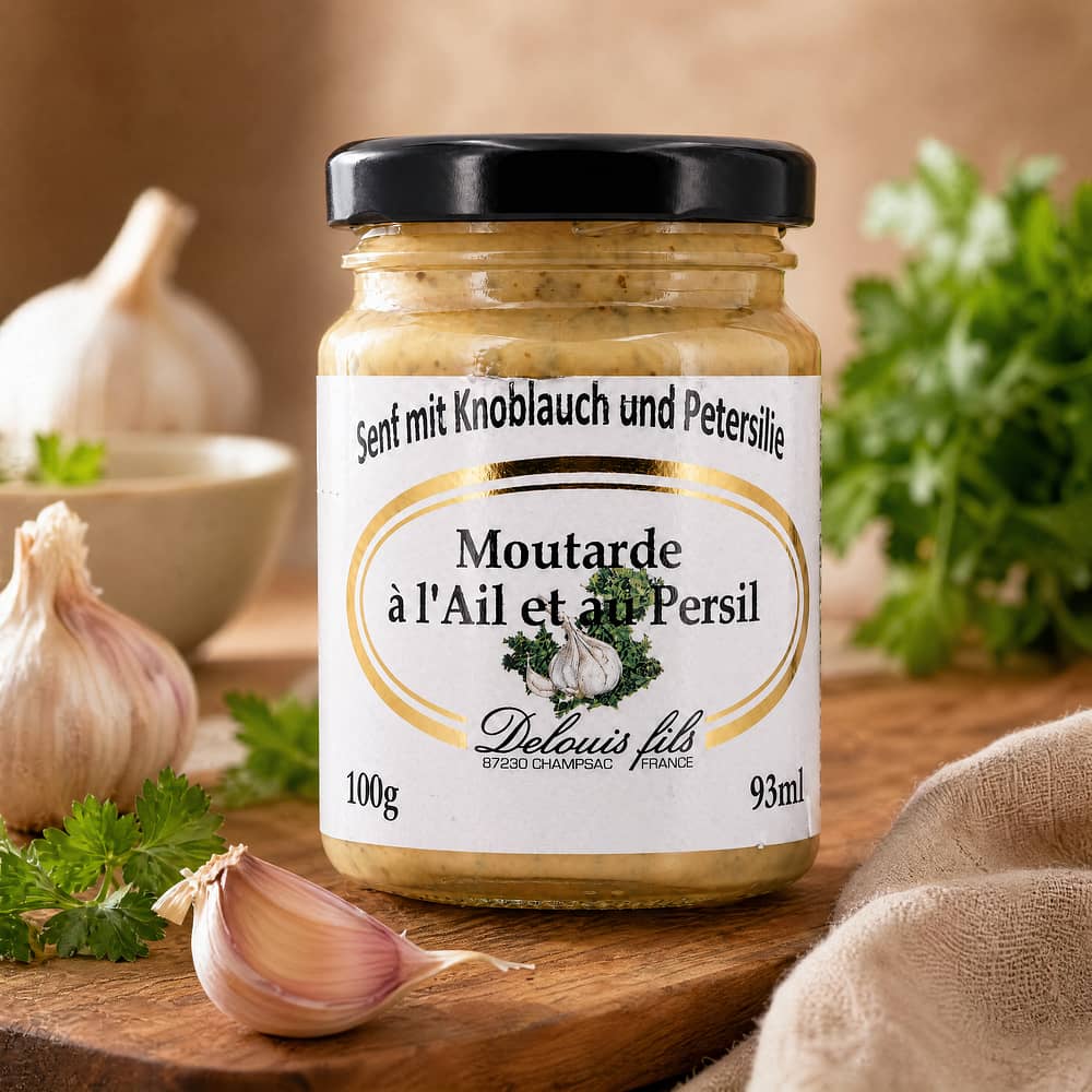 Delouis Fils Moutarde à i`Ail et au Persil Senf mit Knoblauch und Petersilie 100 Gramm Produktbild