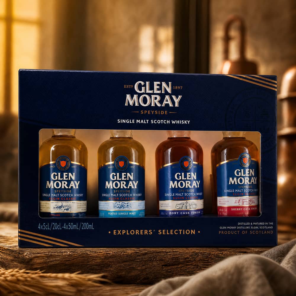 Glen Moray Tasting Set Elgin Classic, Peated Malt, Port Cask Finish, Sherry Cask Finish je 0,05l 0,20 Liter/ 40.0% vol Produktbild