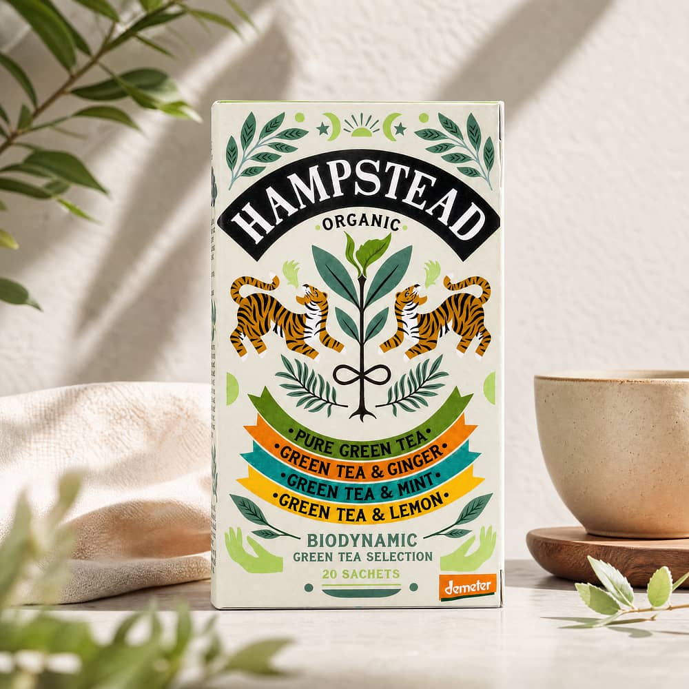 Hampstead Tea BIO Organic Green Tea Selection Green Tea -Pure, -Minze, -Ginger, -Lemon 40 Gramm Produktbild