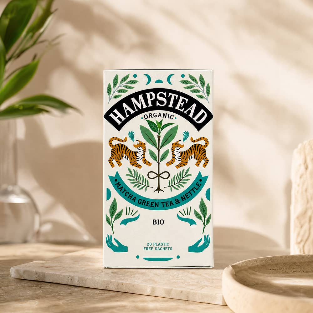 Hampstead Tea Matcha Green Tea & Nettle BIO 20 plastikfreie Teebeutel 40 Gramm Produktbild
