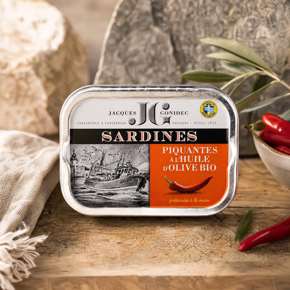 Jacques Gonidec Pikante Sardinen in nativem Bio-Olivenöl 115g 87 Gramm Abtropfgewicht Produktbild