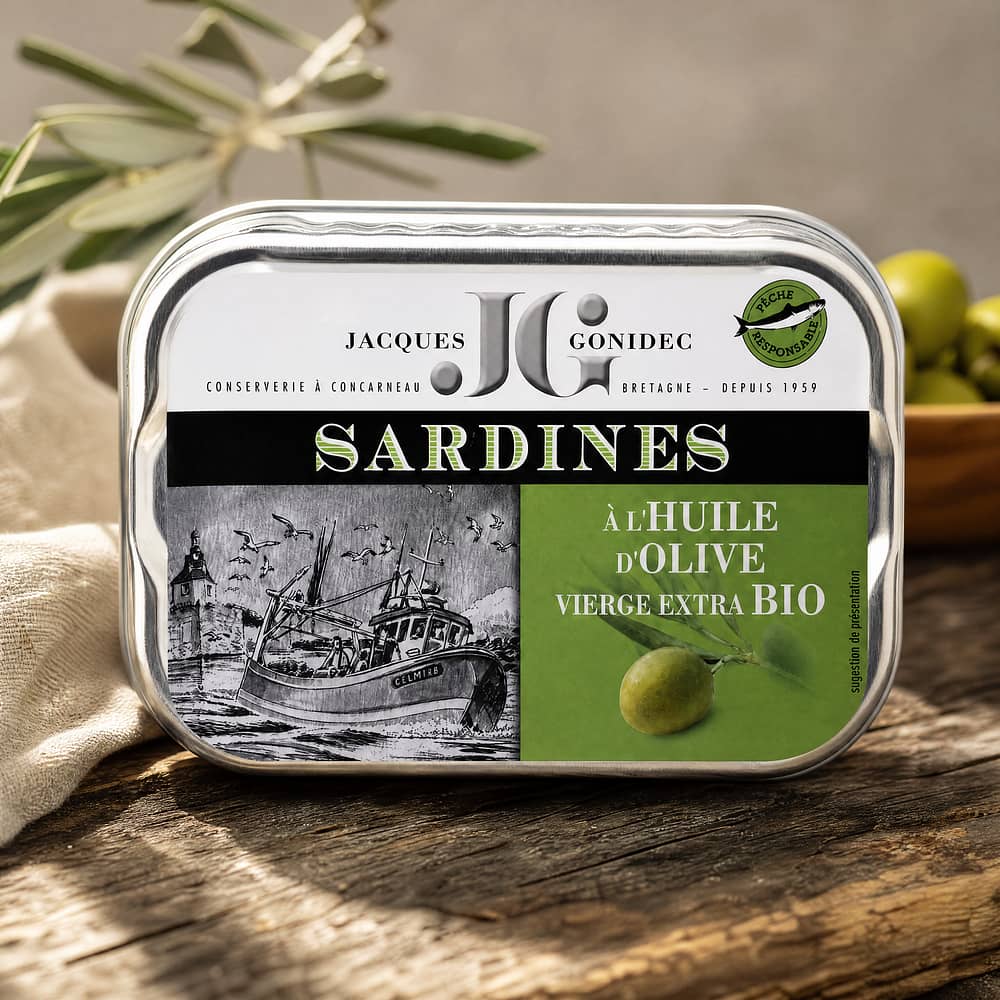 Jacques Gonidec Sardinen in Bio-Olivenöl 115g 87 Gramm Abtropfgewicht Produktbild