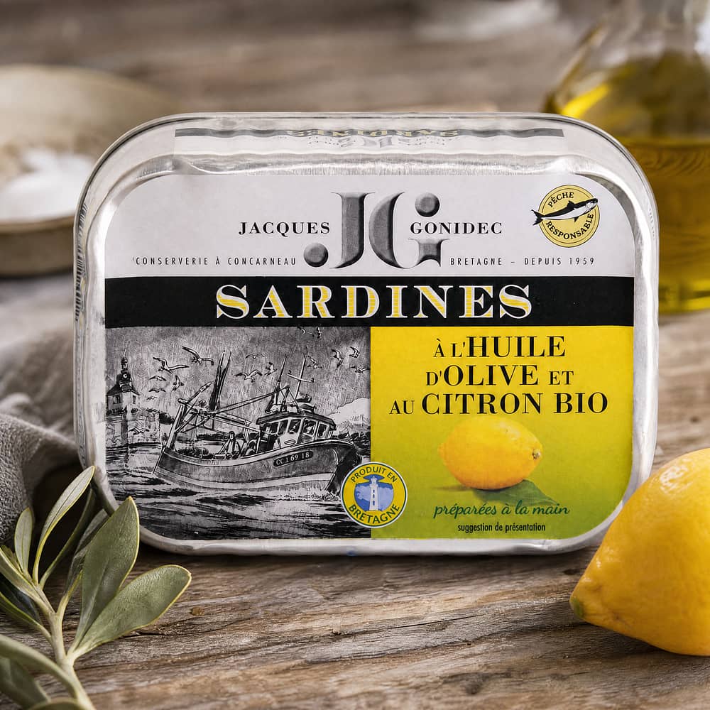 Jacques Gonidec Sardinen in Bio-Olivenöl mit Zitrone 115g 87 Gramm Abtropfgewicht Produktbild