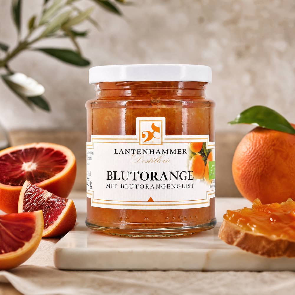 Lantenhammer Blutorangen Fruchtaufstrich mit Blutorangengeist BIO mit 2% Blutorangengeist 225 Gramm/ 2.0% vol Produktbild